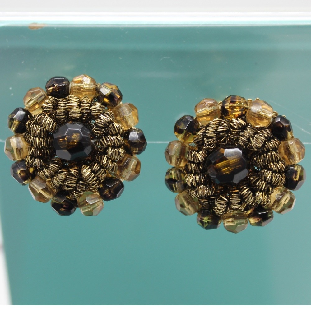 Vendome Beaded Clip On Earrings Womens‎ OS Brown Excellent Vintage Cluster